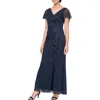 Sl Fashions Beaded Shimmer Capelet Gown In Navy
