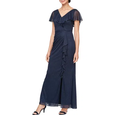 Sl Fashions Beaded Shimmer Capelet Gown In Navy