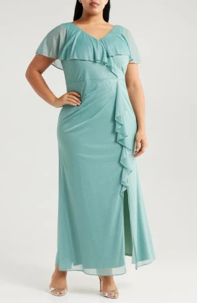 Sl Fashions Beaded Shimmer Capelet Gown In Sea Glass