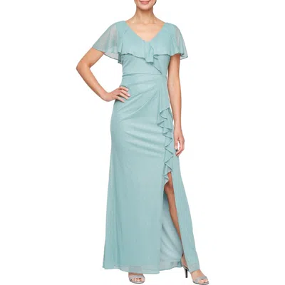 Sl Fashions Beaded Shimmer Capelet Gown In Seaglass
