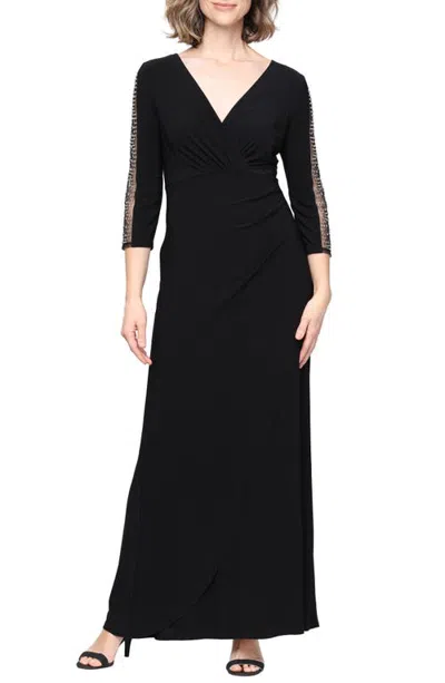Sl Fashions Beaded Sleeve Empire Waist Gown In Black