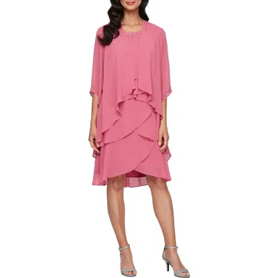 Sl Fashions Beaded Tiered Chiffon Cocktail Dress With Jacket In Rose