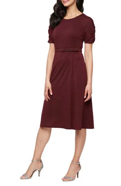 Sl Fashions Belted Metallic Knit Short Sleeve Dress In Burgundy