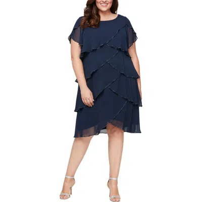Sl Fashions 9470656 Plus Size Tiered Chiffon Cocktail Dress In Blue