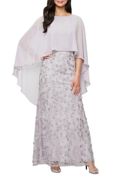 Sl Fashions Chiffon Capelet Floral Embroidered Gown In Lavender
