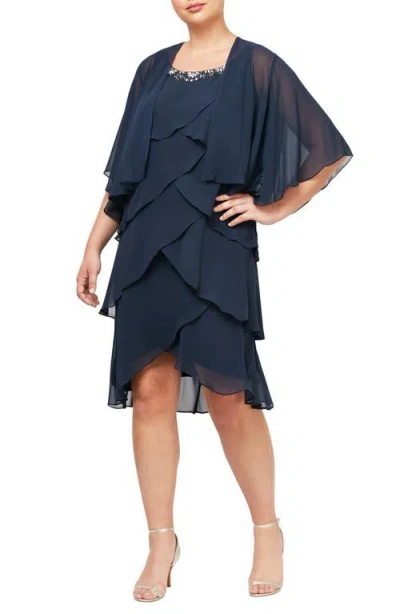 Sl Fashions Chiffon Tier Dress & Jacket In Navy