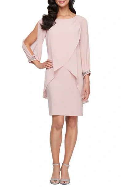 Sl Fashions Cold Shoulder Long Sleeve Capelet Cocktail Dress In Faded Rose