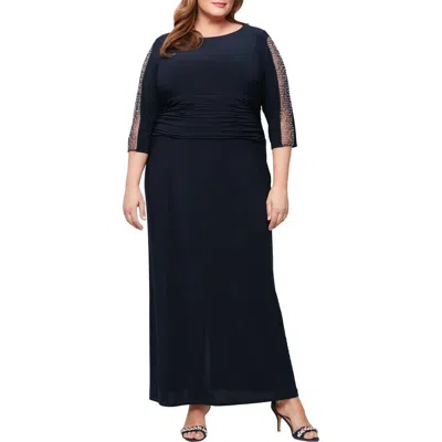 Sl Fashions Embellished Sleeve Ruched Gown In Navy