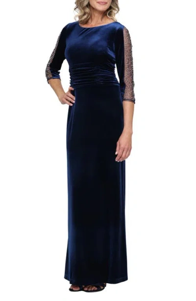 Sl Fashions Embellished Sleeve Stretch Velvet Maxi Cocktail Dress In Blue