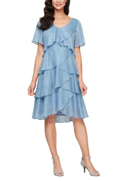 Sl Fashions Embellished V-neck Short Sleeve Shimmer Bodre Tier Cocktail Dress In Blue