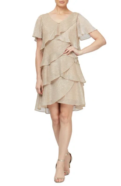 SL FASHIONS SL FASHIONS EMBELLISHED V-NECK SHORT SLEEVE SHIMMER BODRE TIER COCKTAIL DRESS