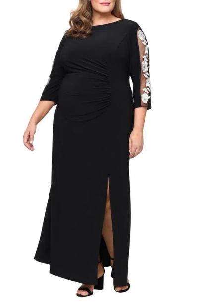Sl Fashions Embroidered Illusion Sleeve Jersey Gown In Black