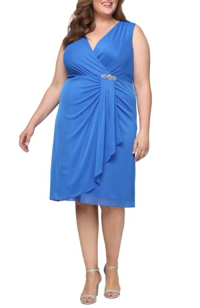 Sl Fashions Faux Wrap Sheath Dress With Chiffon Jacket In Blue
