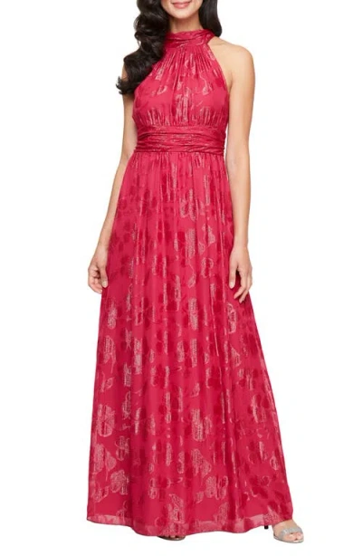 Sl Fashions Floral Burnout Halter Gown In Fuchsia