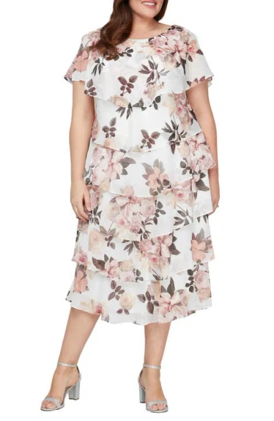 Sl Fashions Floral Capelet Tiered Midi Dress In Ivory/pink