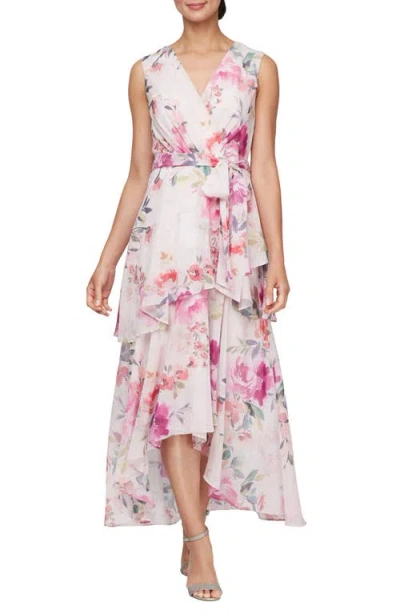 Sl Fashions Floral Chiffon High-low Cocktail Dress In Pink/white