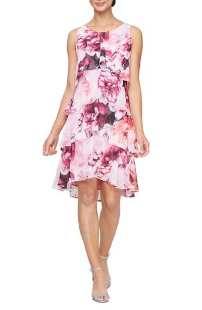 Sl Fashions Floral Crossover Tiered Minidress In Pink Multi