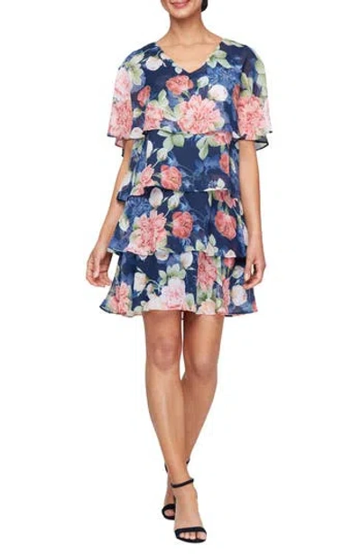 Sl Fashions Floral Flutter Sleeve Tiered Minidress In Navy Multi