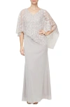 Sl Fashions Plus Size Asymmetrical Glitter Cape Gown In Buff