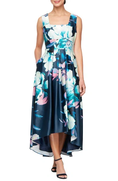 Sl Fashions Floral High-low Cocktail Dress In Navy Multi