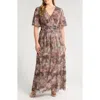 Sl Fashions Floral Metallic Faux Wrap Maxi Dress In Taupe Multi