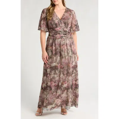 Sl Fashions Floral Metallic Faux Wrap Maxi Dress In Taupe Multi