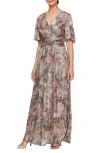 Sl Fashions Floral Metallic Flutter Sleeve Gown In Taupe Multi