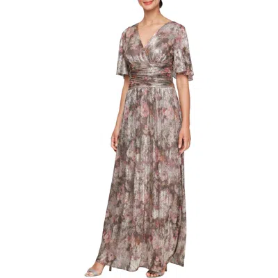 Sl Fashions Floral Metallic Flutter Sleeve Gown In Taupe Multi