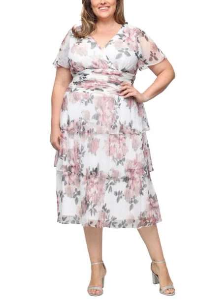 Sl Fashions Plus Size Printed V-neck Tea Length Dress In Multi