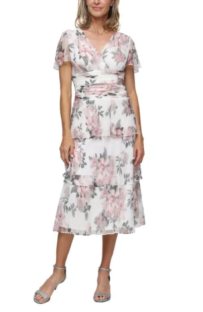 Sl Fashions Plus Size Printed V-neck Tea Length Dress In Multi