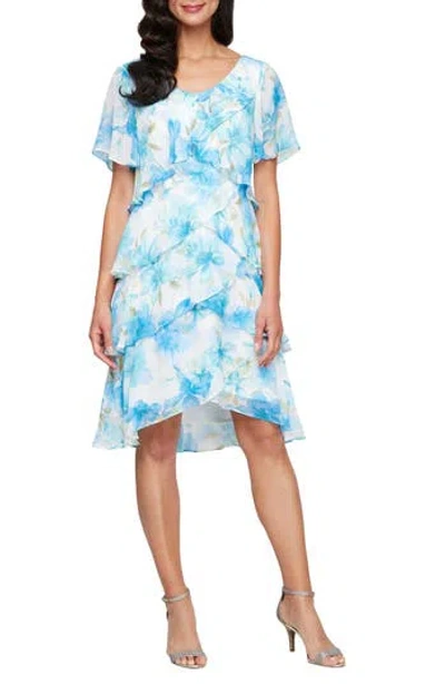 Sl Fashions Floral Print Tiered Dress In Blue/ivory Multi
