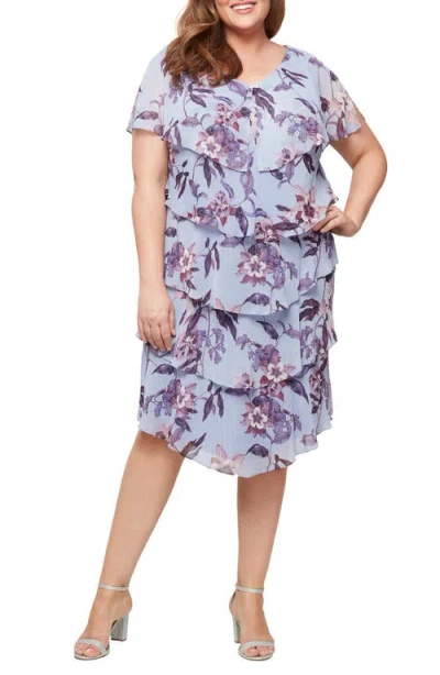 Sl Fashions Floral Ruffle Tiered Chiffon Cocktail Dress In Periwinkle