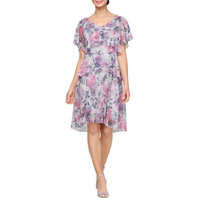 Sl Fashions Floral Short Sleeve Tiered Metallic Plissé Cocktail Dress In Multi
