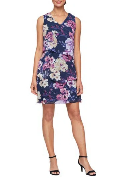Sl Fashions Floral Sleeveless Tiered Chiffon Shift Dress In Navy Multi