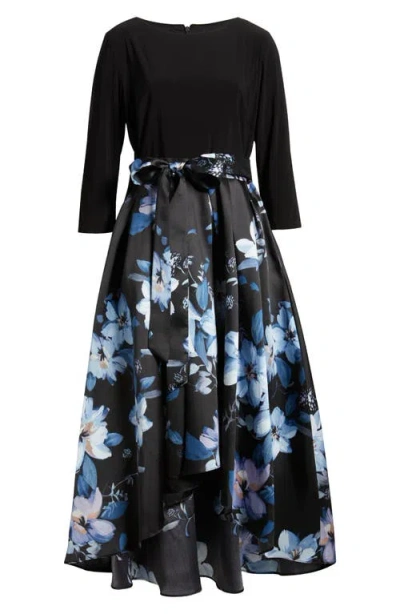 Sl Fashions Floral Tie Belt High-low Cocktail Dress In Black Multi