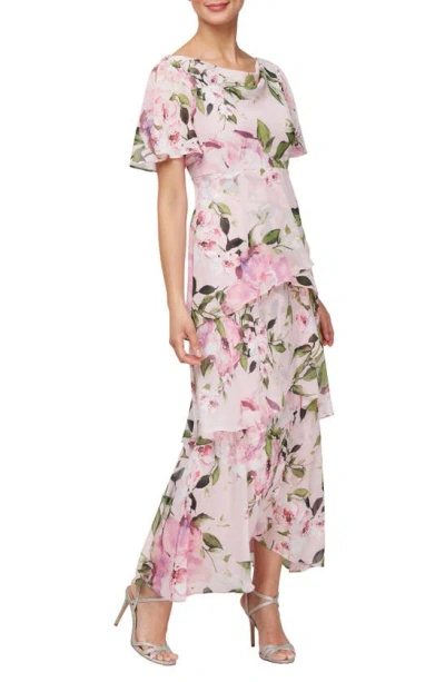 Sl Fashions Floral Tiered Cocktail Dress In Blush Multi