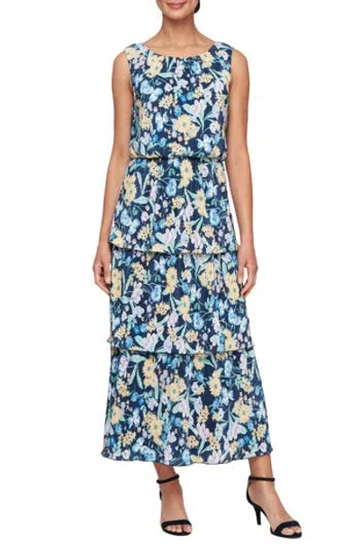 Sl Fashions Floral Tiered Maxi Dress In Navy Multi