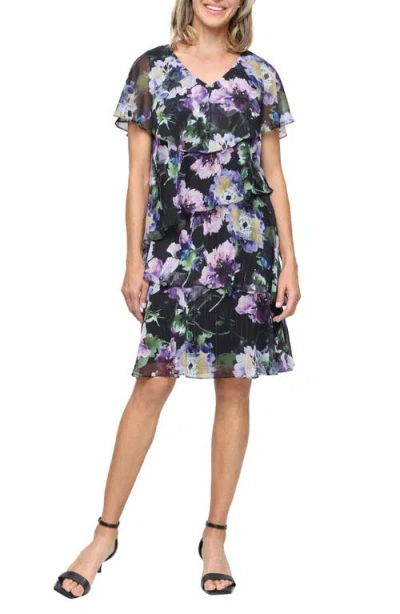 Sl Fashions Floral Tiered Ruffle Chiffon Dress In Black