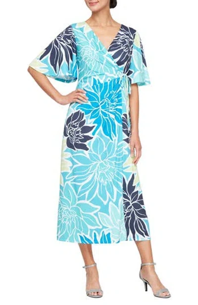 Sl Fashions Floral Wrap Dress In Turq,aqua