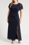 Sl Fashions Plus Size Flutter-sleeve Side-ruched Glitter Gown In Navy