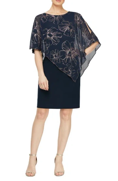 Sl Fashions Foil Floral Print Asymmetrical Overlay Cocktail Dress In Navy/rose Gld