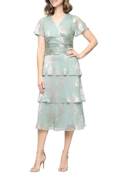 Sl Fashions Foil Plissé Midi Dress In Sage/gld