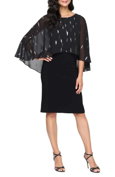 Sl Fashions Foil Print Chiffon Capelet Cocktail Dress In Black