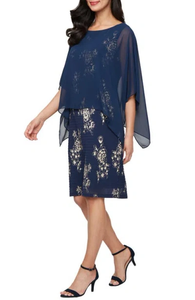 Sl Fashions Foil Print Chiffon Overlay Cocktail Dress