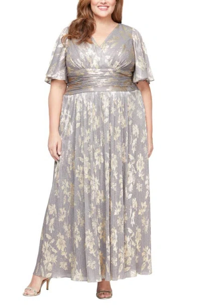 Sl Fashions Foil Print Faux Wrap Maxi Dress In Smoke/gold