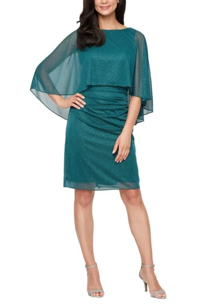 Sl Fashions Glitter Chiffon Capelet Cocktail Dress In Green