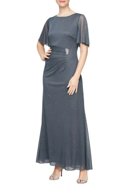 Sl Fashions High Neck Side Crystal Embellished Glitter Sheath A-line Dress In Smoke