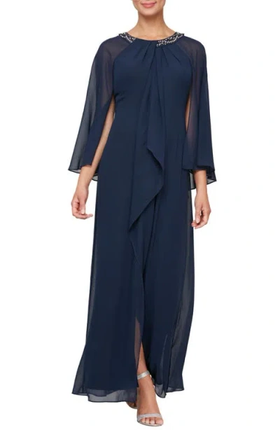 Sl Fashions Illusion Cape Chiffon Gown In Navy