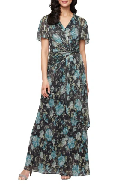 Sl Fashions Knot Front Flutter Sleeve Chiffon Gown In Blue