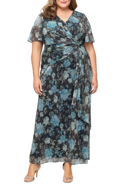 Sl Fashions Knot Front Flutter Sleeve Chiffon Gown In Blue